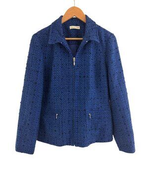 Coldwater Creek Blue Tweed Boucle Zip Front Blazer Jacket Lined Pockets Size P10